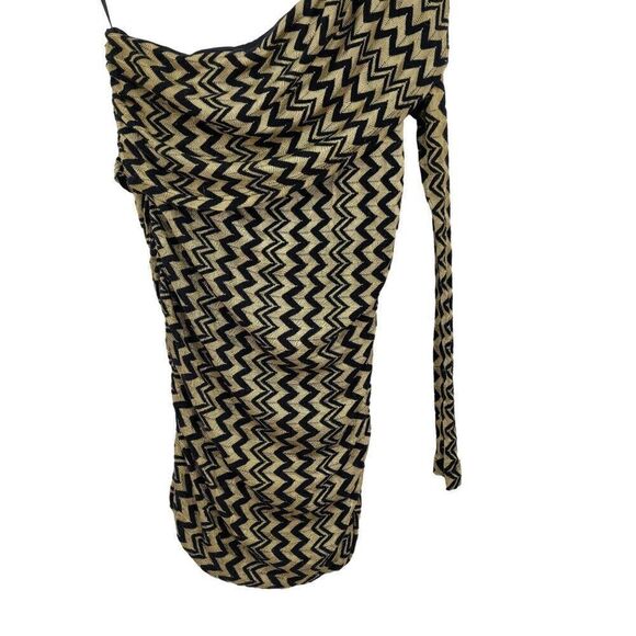 Arden B One Shoulder Mini Bodycon Dress S Black Gold Chevron Knit Overlay - Picture 9 of 9